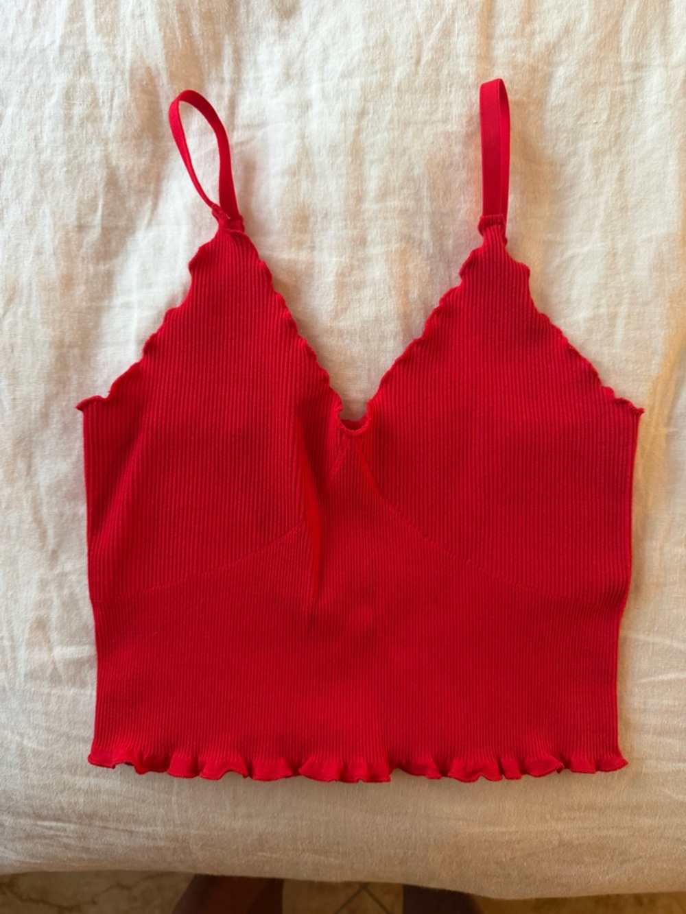 Bright Red Ribbed Scallop-Edge Crop Cami